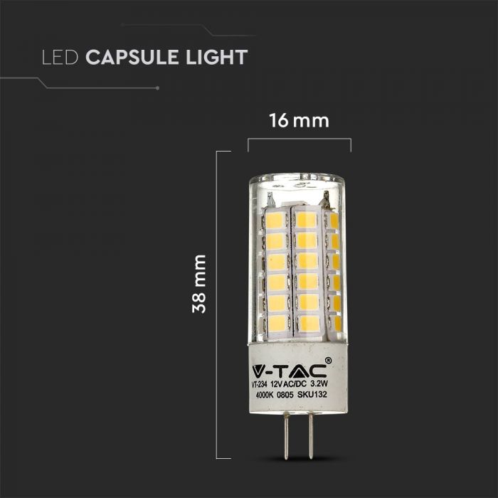G4 3.2W (385Lm) LED лампа V-TAC SAMSUNG CHIP, 5 лет гарантии, DC:12V, 6400K холодный белый свет