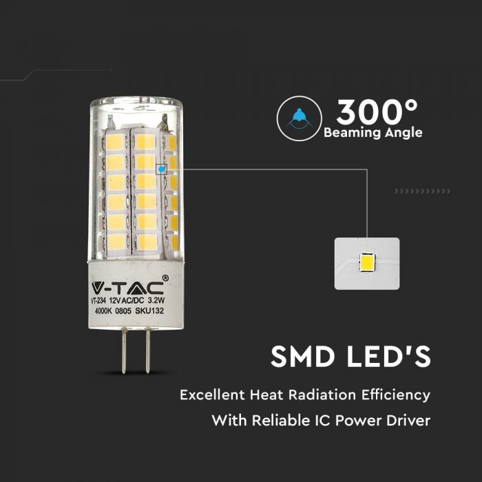 G4 3.2W (385Lm) LED-lambi V-TAC SAMSUNG CHIP, 5 aastat garantiid, DC: 12V, 6400K jaheda valge valgus