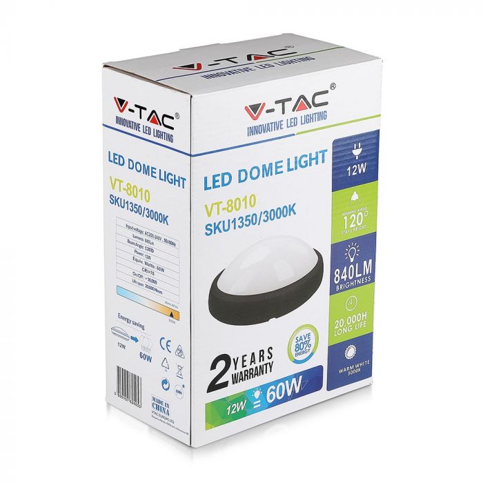 12W(840Lm) LED plafons, IP54, ovāls, V-TAC, silti balta gaisma 3000K
