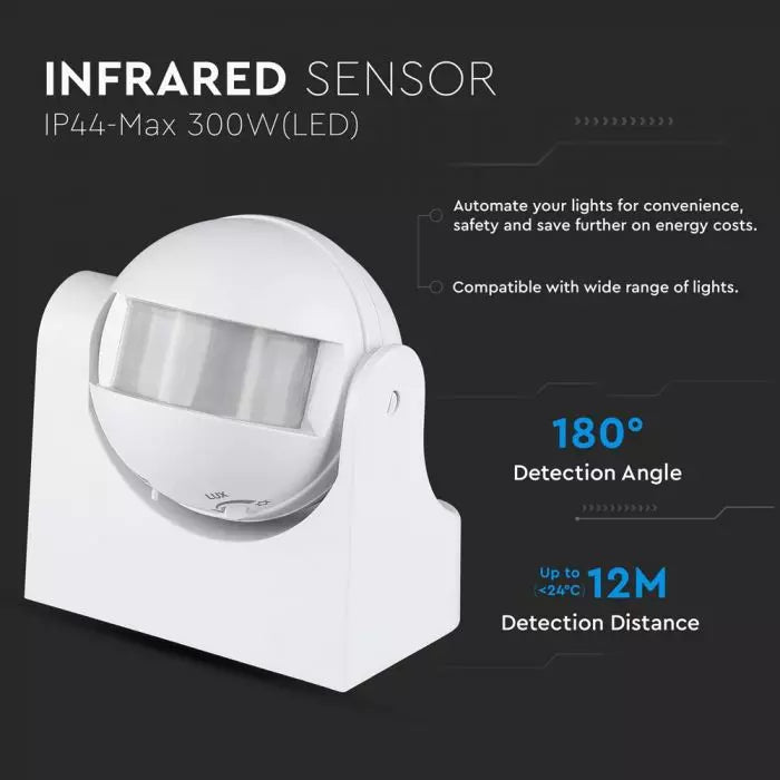 Infrared motion sensor, adjustable time and LUX (Max 300W LED), IP44, V-TAC
