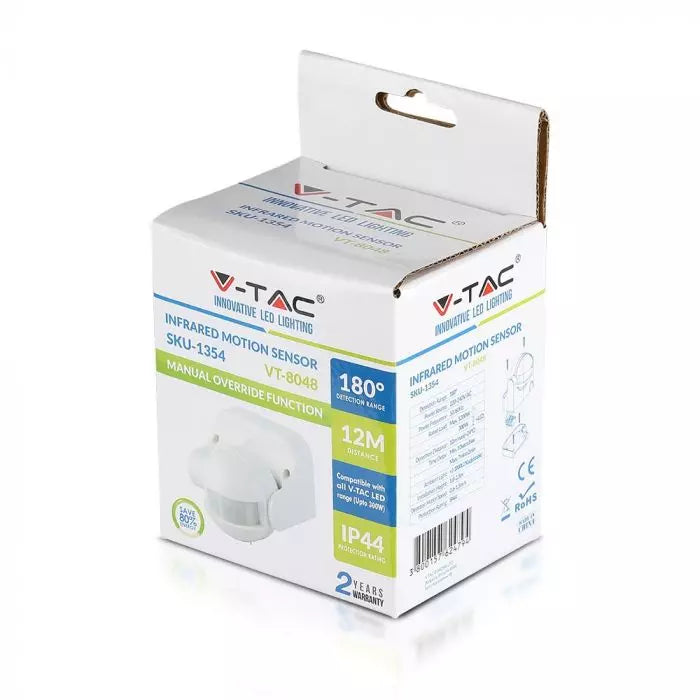 Infrasarkanais kustības sensors, regulējams laiks un LUX ( Max 300W LED),  IP44, V-TAC