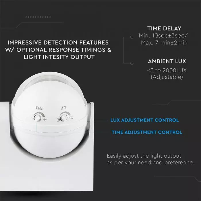 Infrasarkanais kustības sensors, regulējams laiks un LUX ( Max 300W LED),  IP44, V-TAC