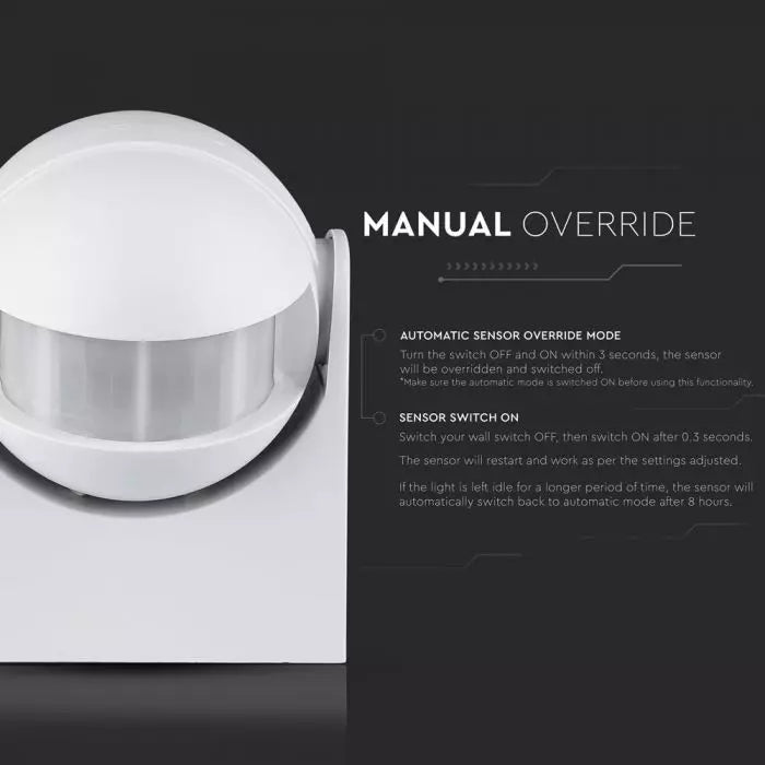Infrasarkanais kustības sensors, regulējams laiks un LUX ( Max 300W LED),  IP44, V-TAC