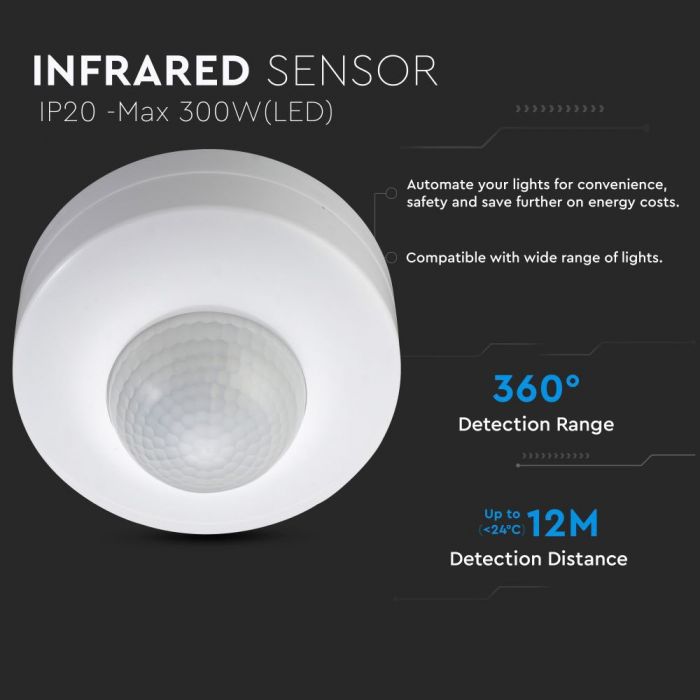 Infrared motion sensor 360°, ceiling, adjustable time and LUX, Max 300W LED, 360°, V-TAC