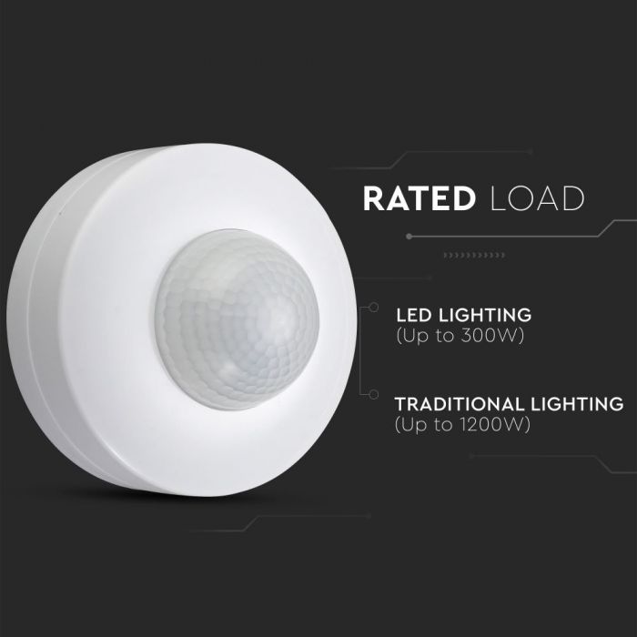 Infrared motion sensor 360°, ceiling, adjustable time and LUX, Max 300W LED, 360°, V-TAC