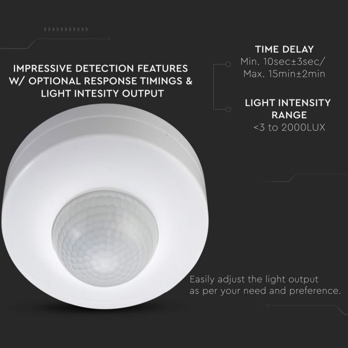 Infrared motion sensor 360°, ceiling, adjustable time and LUX, Max 300W LED, 360°, V-TAC