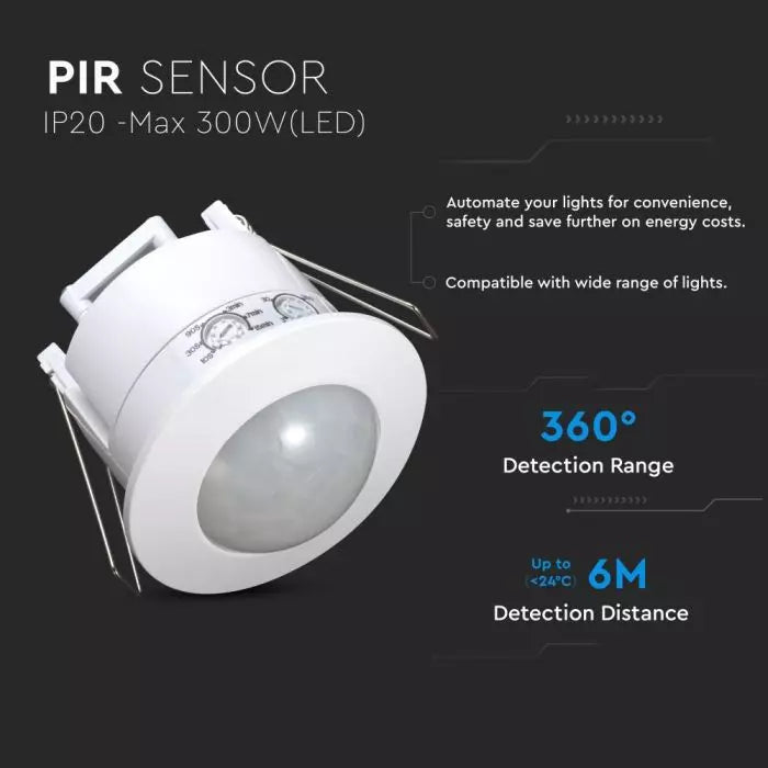 Infrared motion sensor, ceiling, adjustable time and LUX (up to 300W), V-TAC
