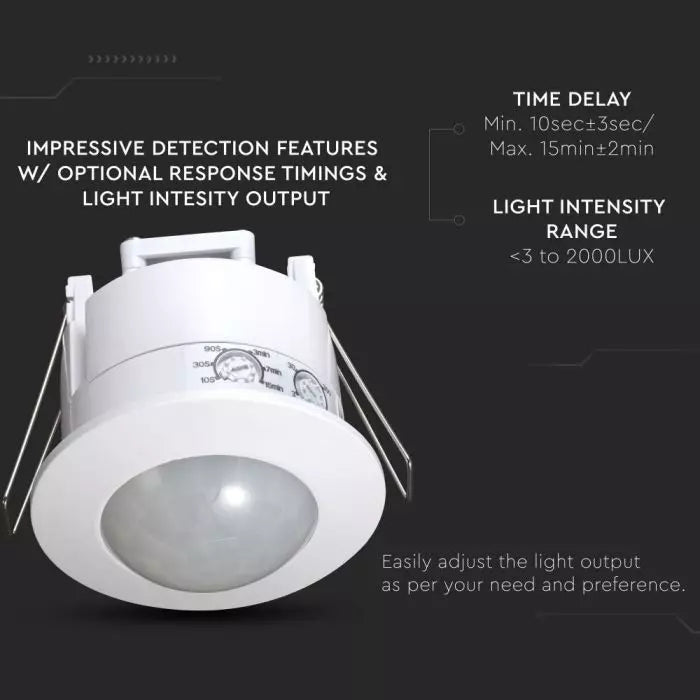 Infrared motion sensor, ceiling, adjustable time and LUX (up to 300W), V-TAC