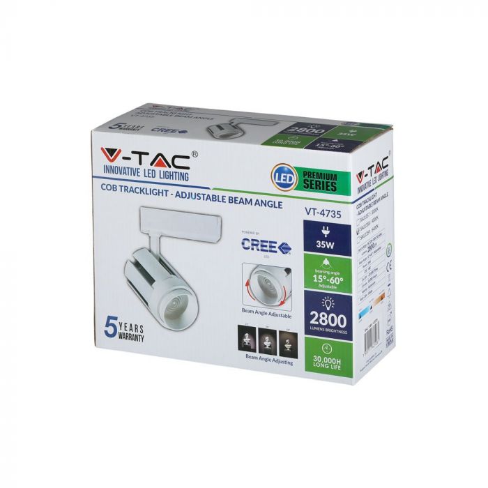 35W(2900Lm) profesionālais LED CREE sliežu prožektors 3 fāžu, IP20, V-TAC, auksti balta gaisma 6500K
