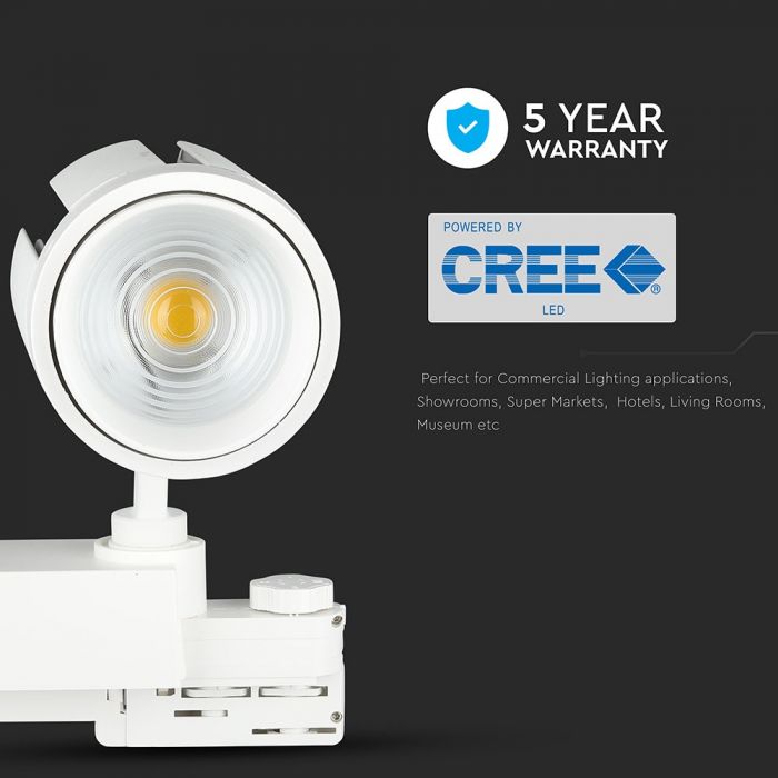 35W(2900Lm) profesionālais LED CREE sliežu prožektors 3 fāžu, IP20, V-TAC, auksti balta gaisma 6500K