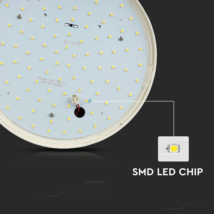 15W(1250Lm) LED plafons, IP44, apaļš, V-TAC, auksti balta gaisma 6400K