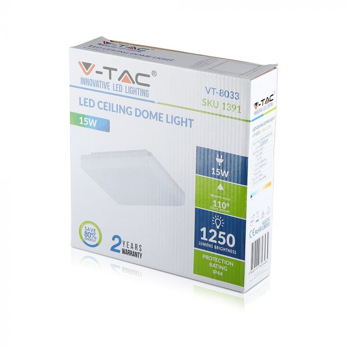 15W(1250Lm) LED plafons, IP44, kvadrāts, V-TAC, silti balta gaisma 3000K