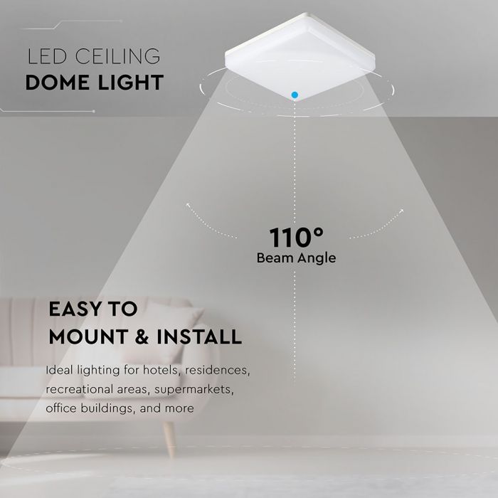 15W(1250Lm) LED plafons, IP44, kvadrāts, V-TAC, silti balta gaisma 3000K