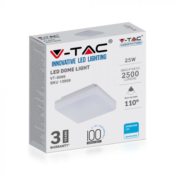 25W(2500Lm) V-TAC SAMSUNG LED plafons, kvadrāta, balts, IP44, IK08, silti balta gaisma 3000K