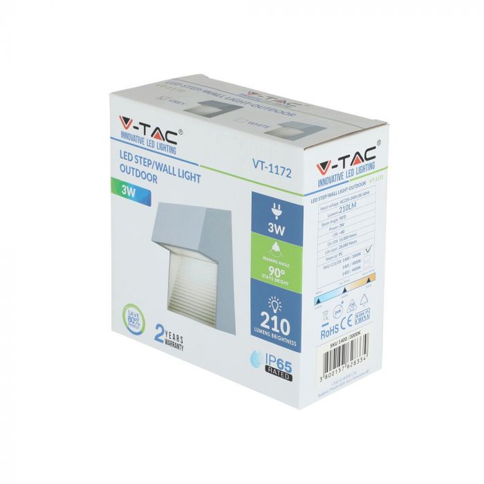 Светодиодный светильник для лестниц 3W(210Lm), квадратный, V-TAC, IP65, теплый белый свет 3000K