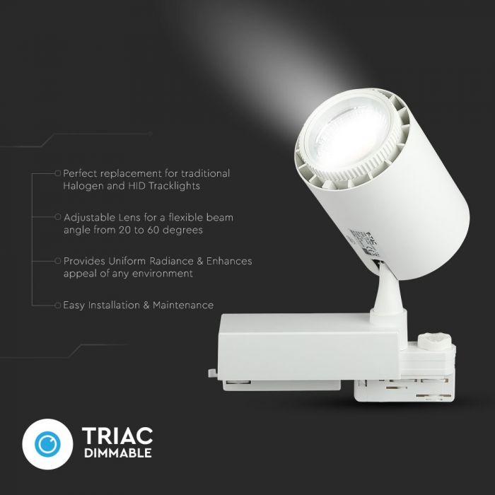 Sample sale_45W(3000Lm) LED COB track spotlight, variable light temperature 2800K/4000K/6000K, dimmable, IP20, V-TAC