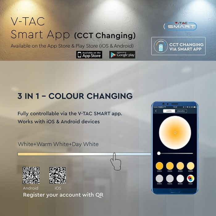 10W(850Lm) LED BLUETOOTH infälld trapphusarmatur, rund, vit, V-TAC, IP65, 2700-6500K