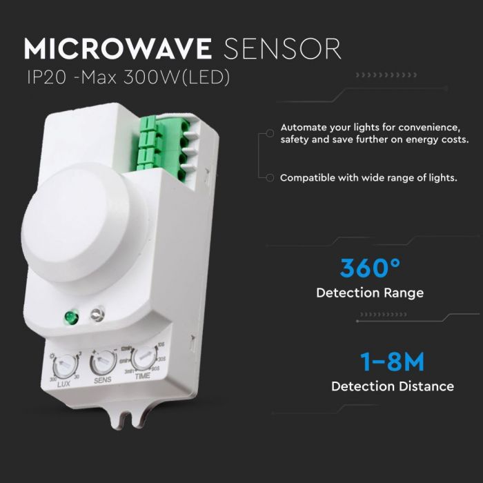 Microwave motion sensor with the possibility to turn on the light with a switch, Max 300W LED, 360°, white, IP20, V-TAC