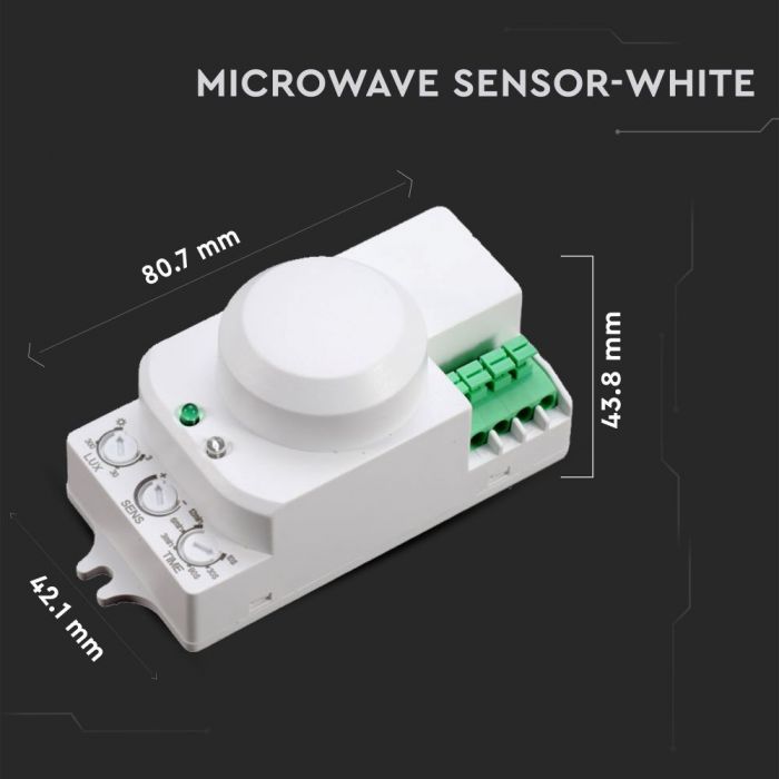 Mikrolaine liikumisandur koos lülitatava valgustiga, Max 300W LED, 360°, valge, IP20, V-TAC
