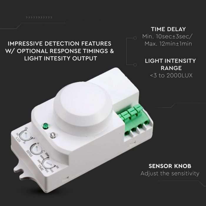 Microwave motion sensor with the possibility to turn on the light with a switch, Max 300W LED, 360°, white, IP20, V-TAC