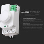 Microwave motion sensor with the possibility to turn on the light with a switch, Max 300W LED, 360°, white, IP20, V-TAC