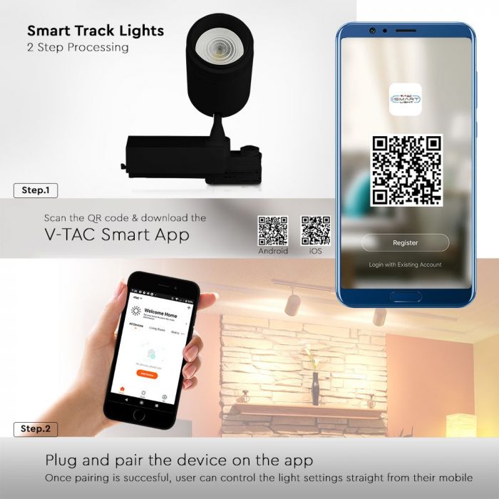 35W(2350Lm) LED track spotlight with BLUETOOTH, changeable light temperature, IP20, V-TAC