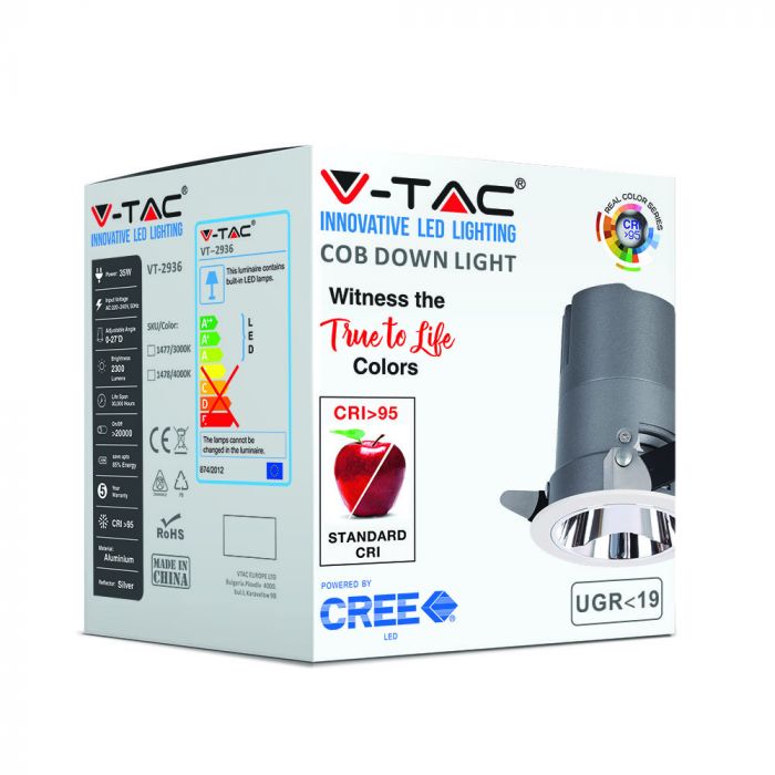 35W(2300Lm) LED griestu gaismeklis viesnīcām ar COB CREE diodi, garantija 5 gadi, IP20, CRI>95, V-TAC, neitrāli balta gaisma 4000K