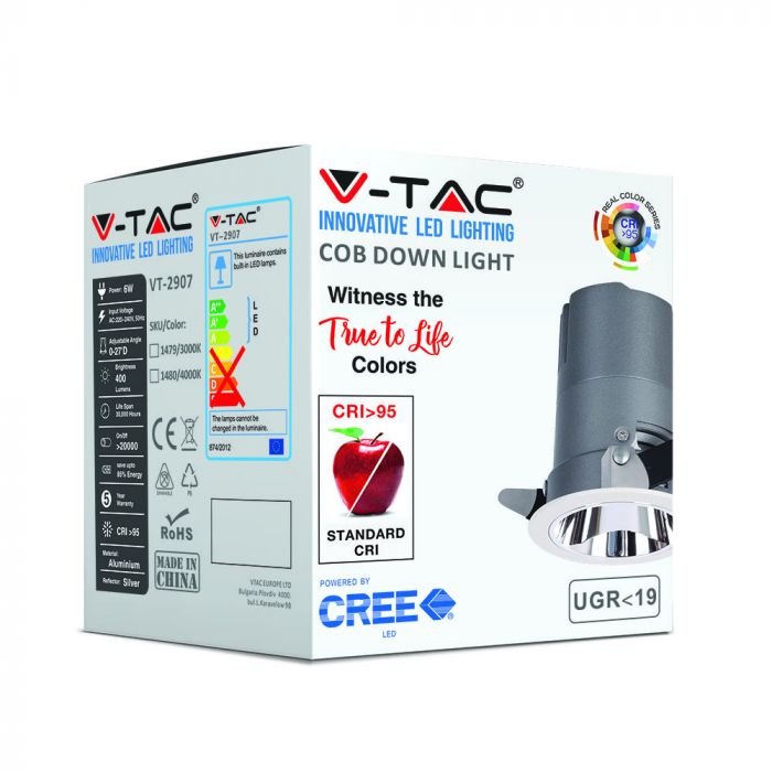 6W(400Lm) LED griestu gaismeklis viesnīcām ar COB CREE diodi, garantija 5 gadi, IP20, CRI>95, V-TAC, neitrāli balta gaisma 4000K