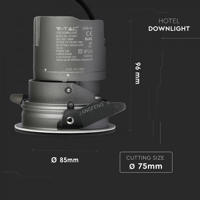 10W(650Lm) LED griestu gaismeklis viesnīcām ar COB CREE diodi, garantija 5 gadi, IP20, CRI>95, V-TAC, neitrāli balta gaisma 4000K