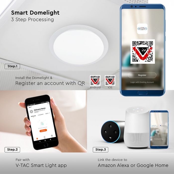 40W(2800Lm) LED V-TAC SMART WIFI Rund kupolarmatur, IP20, vit, dimbar, kompatibel med Google home och Amazon Alexa