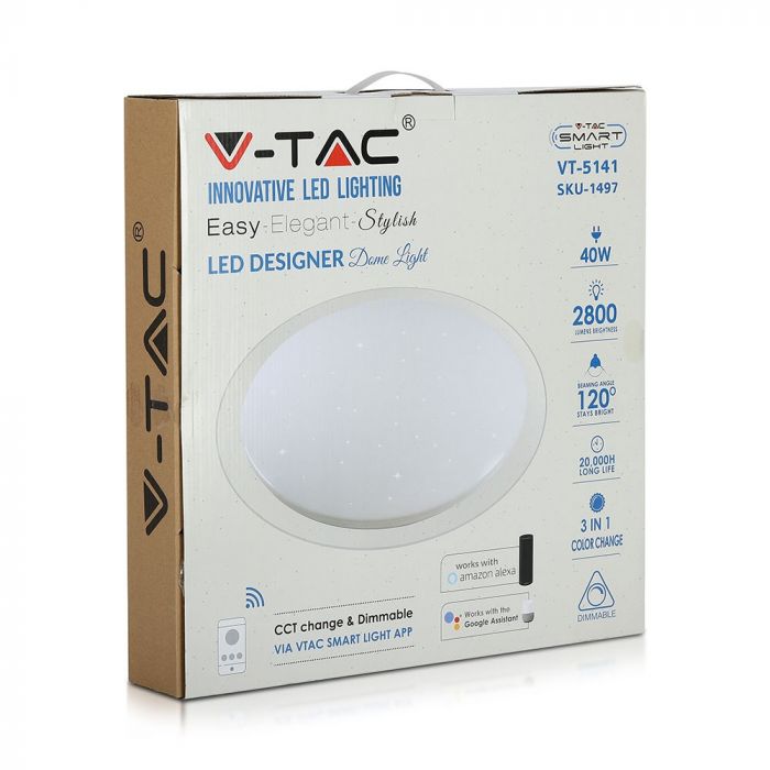 Круглый купольный светильник 40W(2800Lm) LED V-TAC SMART WIFI, IP20, белый, диммируемый, совместим с Google home и Amazon Alexa