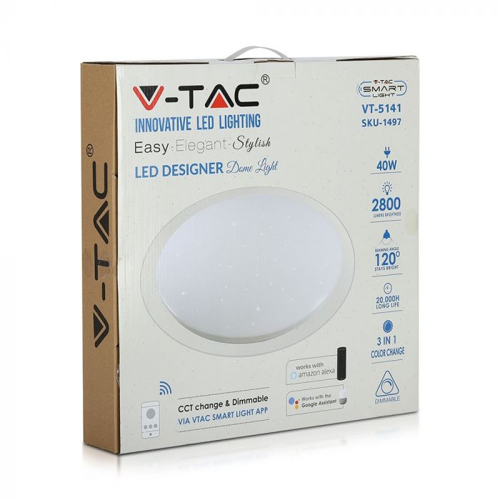 40W(2800Lm) LED V-TAC SMART WIFI Rund kupolarmatur, IP20, vit, dimbar, kompatibel med Google home och Amazon Alexa