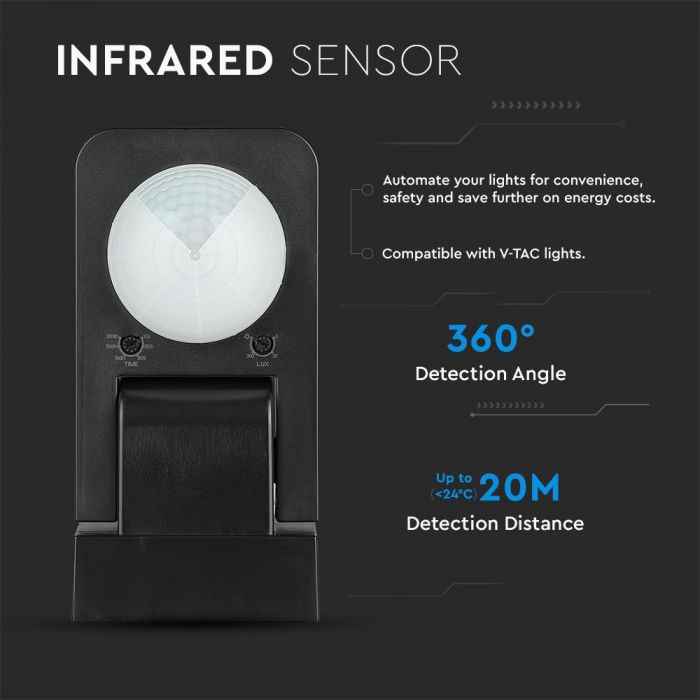 Infrared sensor, rotatable, black, adjustable time, LUX, Max 1000W LED, 360°, IP65, V-TAC