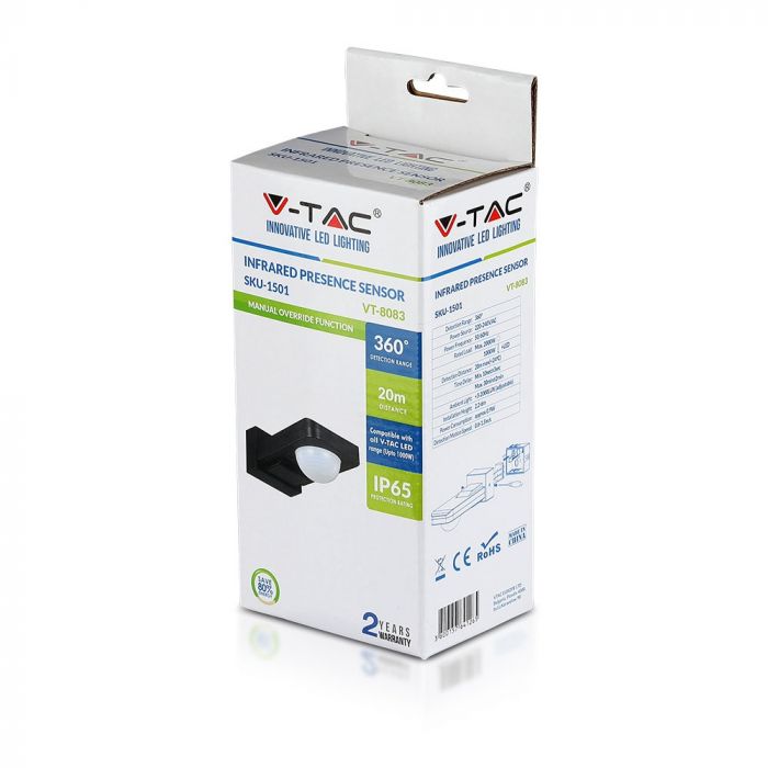 Infrared sensor, rotatable, black, adjustable time, LUX, Max 1000W LED, 360°, IP65, V-TAC