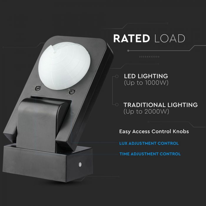 Инфракрасный датчик, поворотный, черный, регулируемое время, LUX, Max 1000W LED, 360°, IP65, V-TAC