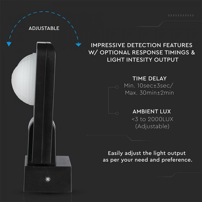 Infrared sensor, rotatable, black, adjustable time, LUX, Max 1000W LED, 360°, IP65, V-TAC
