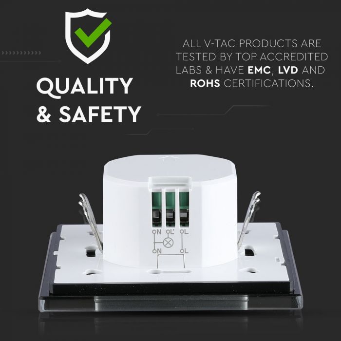 Светодиодный микроволновый датчик движения, встраиваемый, черный, IP20, макс.1200Вт/300Вт LED, V-TAC