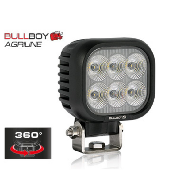 BULLBOY 60W(4330Lm) LED darba lukturis, 4,2A – 12V, 360° mounting bracket, DT-plug, R10, CISPR25 class4, auksti balta gaisma 5000K, 100/92(130)/73 mm