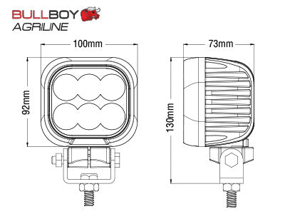 BULLBOY 60W(4330Lm) LED-arbetslampa, 4,2A - 12V, 360° monteringsfäste, DT-kontakt, R10, CISPR25 klass4, kallvitt ljus 5000K, 100/92(130)/73 mm