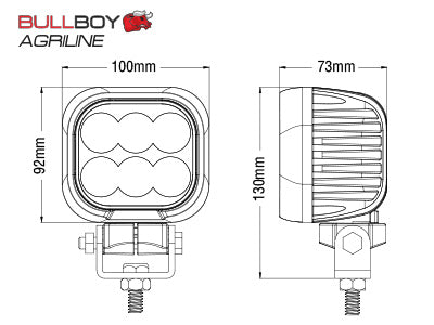 BULLBOY 60W(4330Lm) LED work light, 4.2A – 12V, 360° mounting bracket, DT-plug, R10, CISPR25 class4, cold white light 5000K, 100/92(130)/73 mm