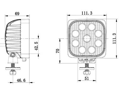 27W(1450Lm) 9-36V LED Domestic work lamp, RFI/EMC, IP68, CE, cool white light 6000K, 111/111/69 mm