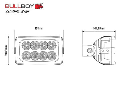 Светодиодный рабочий свет BULLBOY AGRILINE 40W(4500Lm), RFI/EMC, Valtra, R10, IP68, холодный белый свет 6000K, 151/90/102 мм