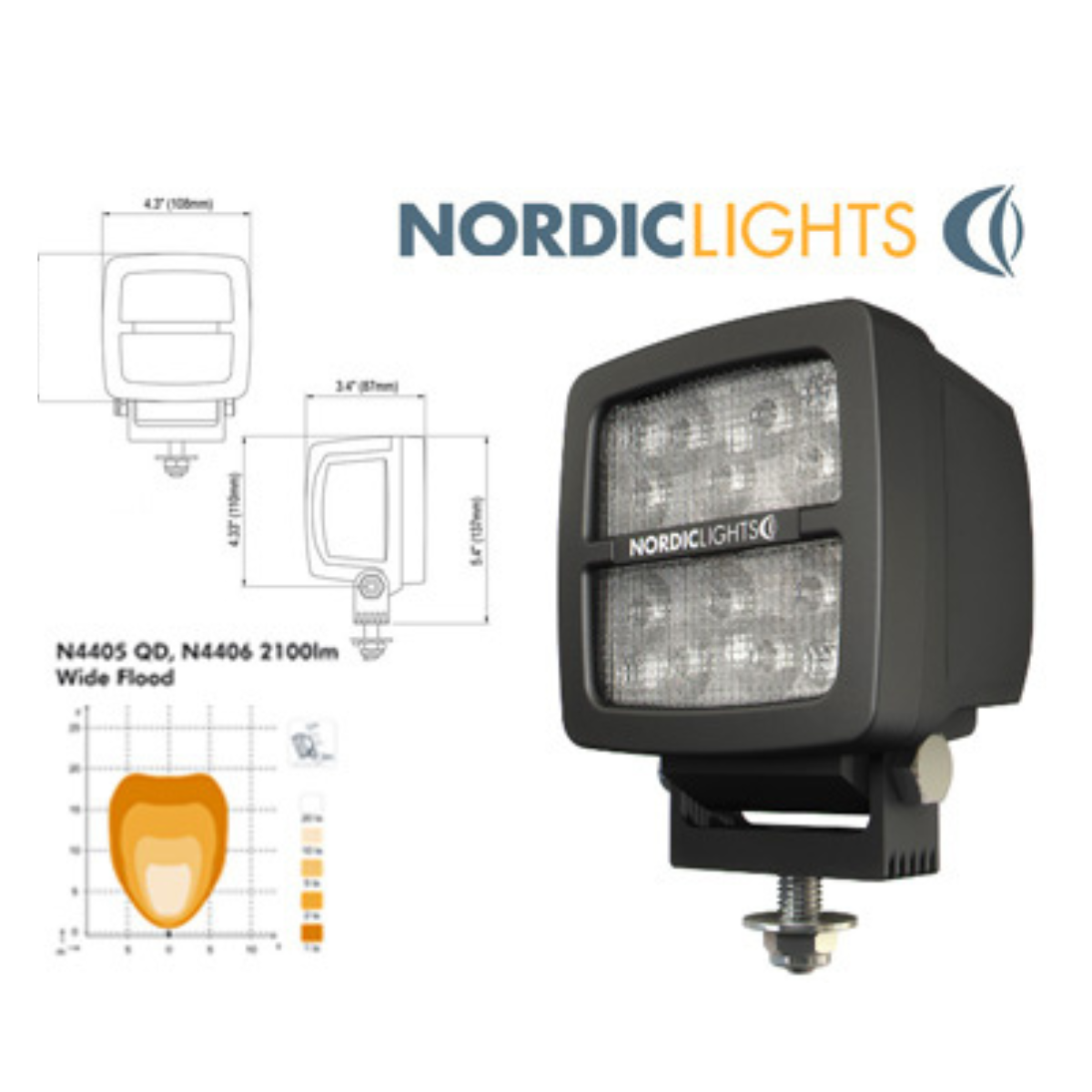 NORDIC 35W(3400Lm) LED-ficklampa, EMC, IP68, svart, kallvitt ljus 5700K, 108/108 mm