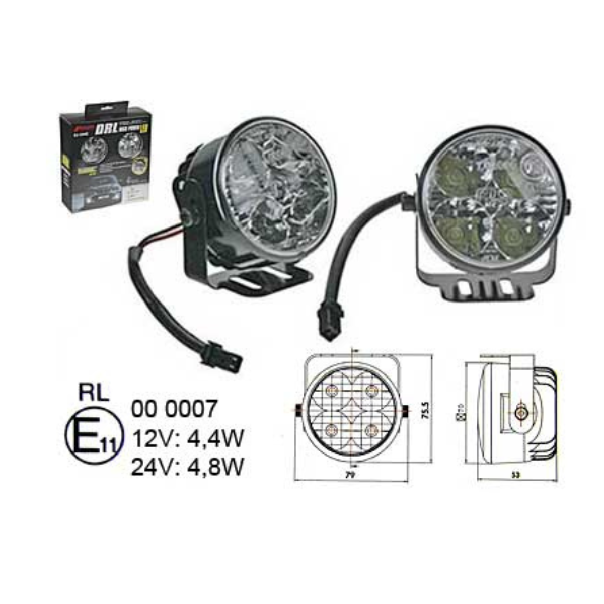 12-24V LED daytime running light, 4x1W LED, 70x53mm
