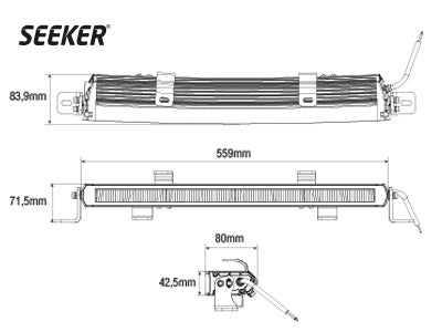 9-36V 4800Lm LED linear auxiliary light, SEEKER® Ultima 20 Curved. 20 x Philips Zes 5000K led chips, IP68, 1.4kg, Ref. 45, fullpower 4800lm / R112 4500lm, IP68, 559/42.5/80 mm, cold white light 5000K