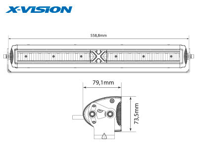 X-VISION DOMIBAR X 128W(9000Lm) LED Premium klases darba lukturis, 9-32V, IP67, E, R7, 2.2 m kabelis, auksti balta gaisma 6250K, 559/53.5/79 mm