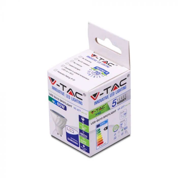 GU10 7W(480Lm) LED Spuldze V-TAC SAMSUNG PRO, garantija 5 gadi, auksti balta gaisma 6400K