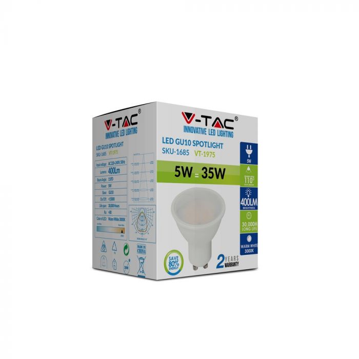 GU10 5W(400Lm) LED Bulb, V-TAC, warm white light 3000K