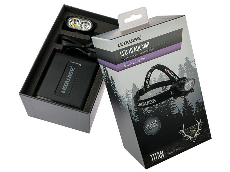 LED galvas lukturis, IPX6, 3200lm, gaismas diodes: 2x XHP50.2, akumulators: 7.2V 5200mAh ar USB-C uzlādi, dubults reflektors, darba temperatūra -28°C ... +102°C