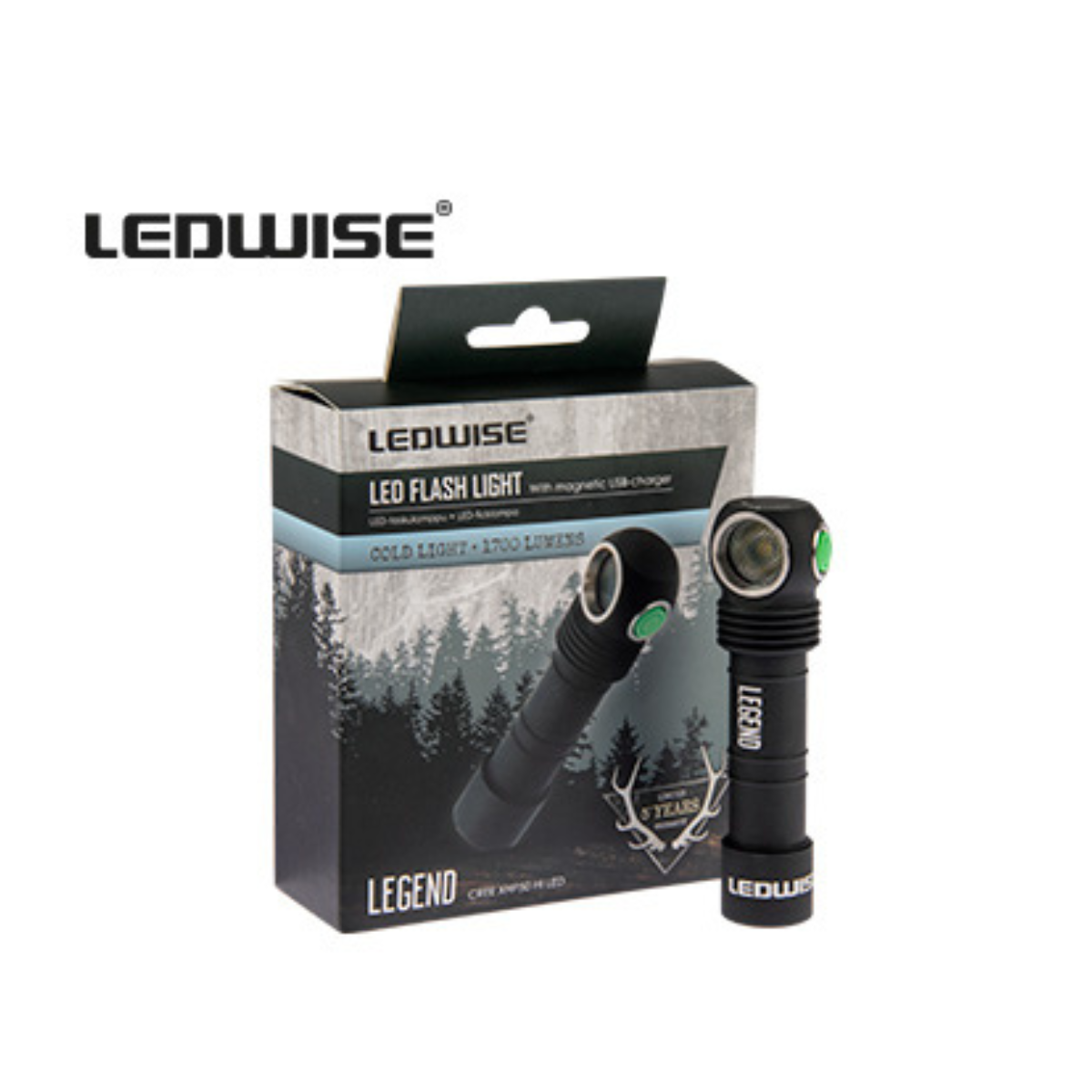 LEDWISE CREE XHP 50 LED professionell ficklampa, ingår: USB magnetisk laddningskabel, metallbältesklämma, pannband, 2 st, O-ring, användarmanual